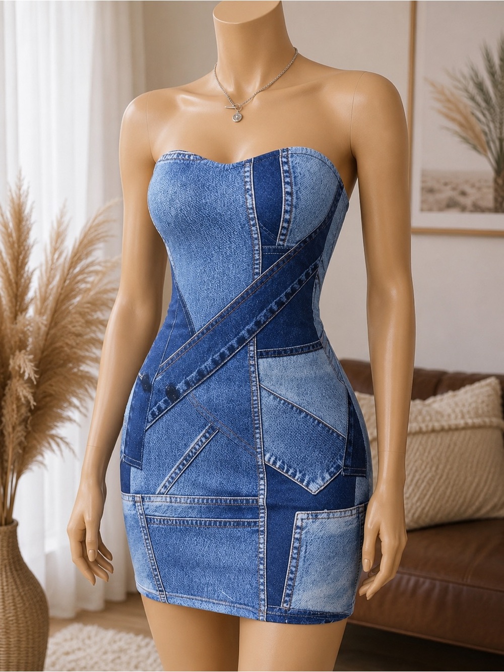 🆕 XL Strapless Blue Denim Print Mini  Dress/Tube Dress
